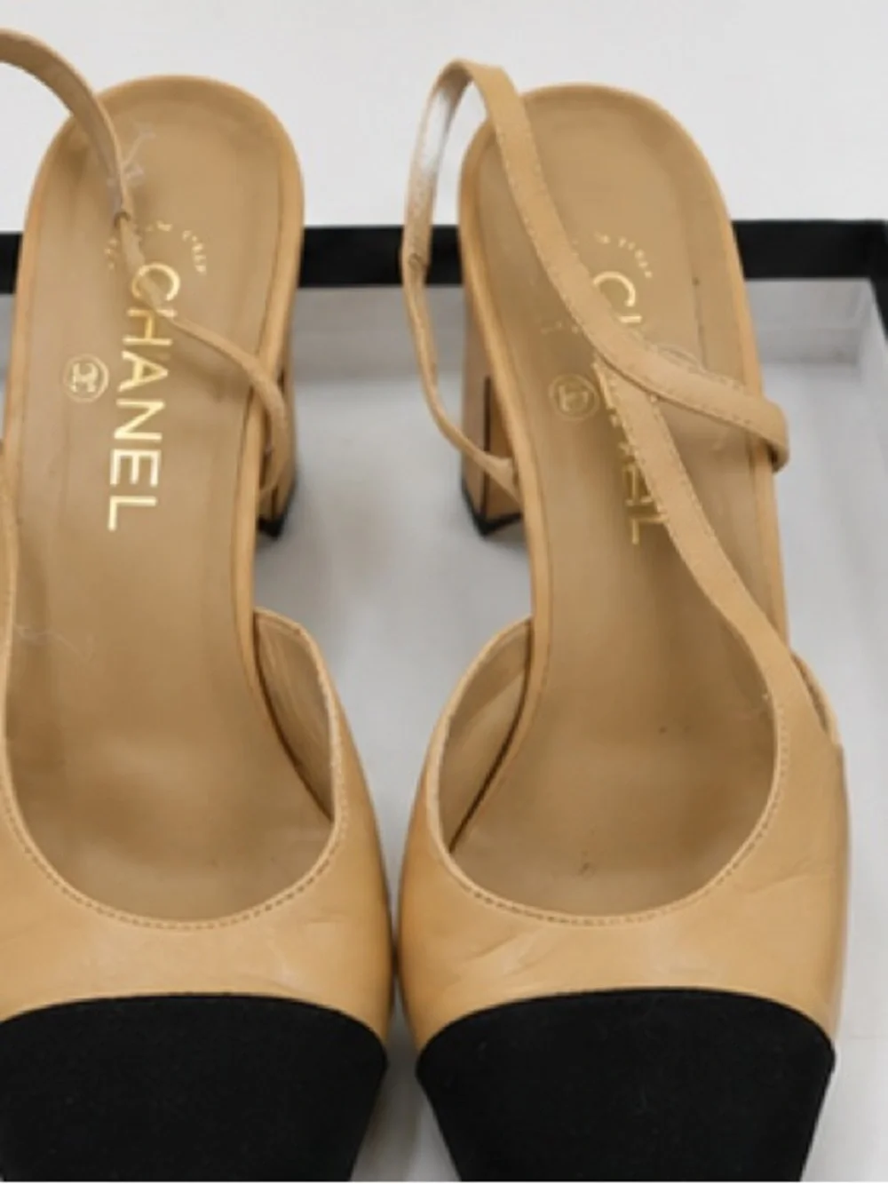 CHANEL Two-Tone Slingback Pumps in Tan and Black